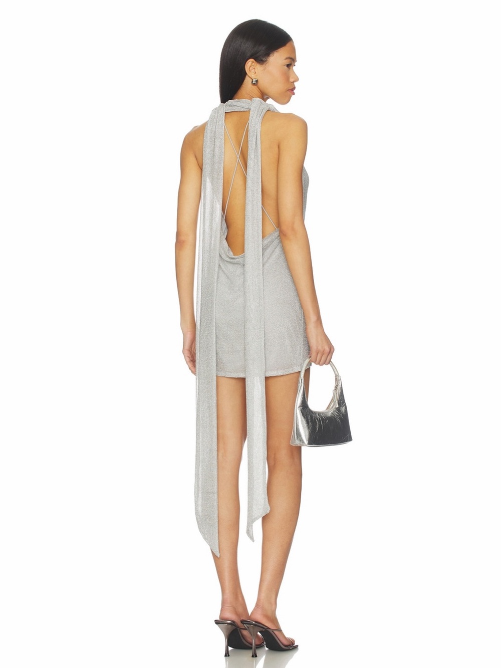 LPA Revolve Metallic Silver Zuri Backless Cowl Neck Party Mini Dress Size M NWT